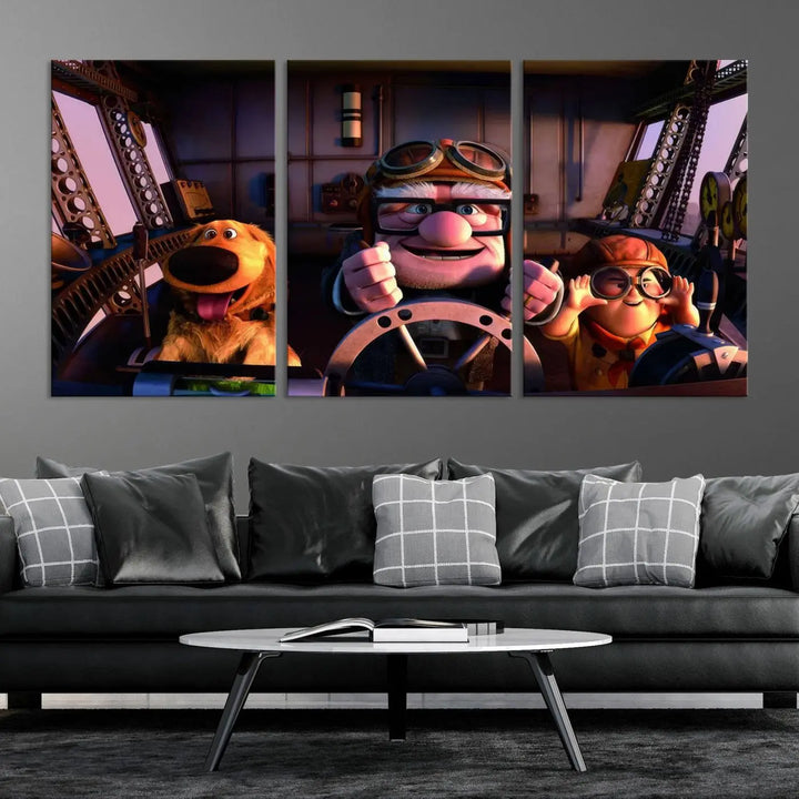 This three-panel wall art, titled "Carl Russel and Dog," features the beloved characters from the movie "Up" in a whimsical airplane cockpit scene, adding a playful touch to any room.