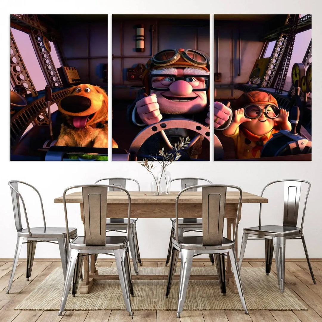 This three-panel wall art, titled "Carl Russel and Dog," features the beloved characters from the movie "Up" in a whimsical airplane cockpit scene, adding a playful touch to any room.