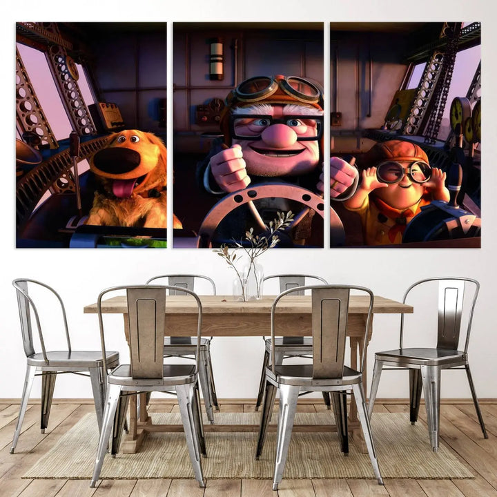 This three-panel wall art, titled "Carl Russel and Dog," features the beloved characters from the movie "Up" in a whimsical airplane cockpit scene, adding a playful touch to any room.