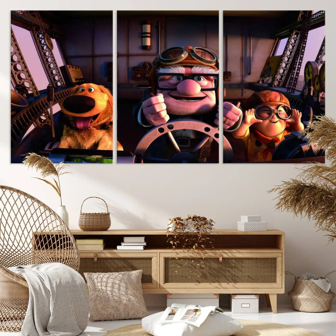 This three-panel wall art, titled "Carl Russel and Dog," features the beloved characters from the movie "Up" in a whimsical airplane cockpit scene, adding a playful touch to any room.