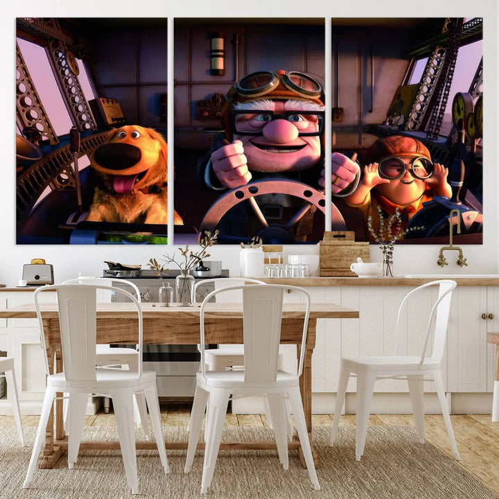 This three-panel wall art, titled "Carl Russel and Dog," features the beloved characters from the movie "Up" in a whimsical airplane cockpit scene, adding a playful touch to any room.