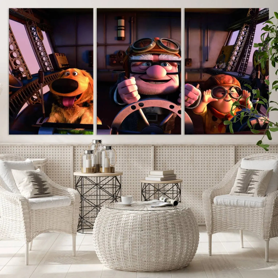 This three-panel wall art, titled "Carl Russel and Dog," features the beloved characters from the movie "Up" in a whimsical airplane cockpit scene, adding a playful touch to any room.