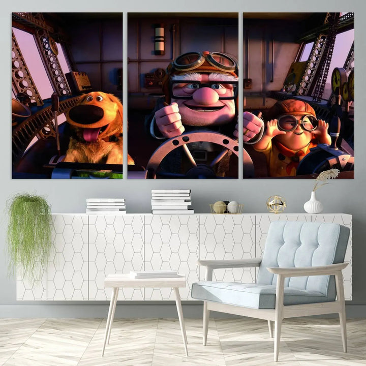 This three-panel wall art, titled "Carl Russel and Dog," features the beloved characters from the movie "Up" in a whimsical airplane cockpit scene, adding a playful touch to any room.