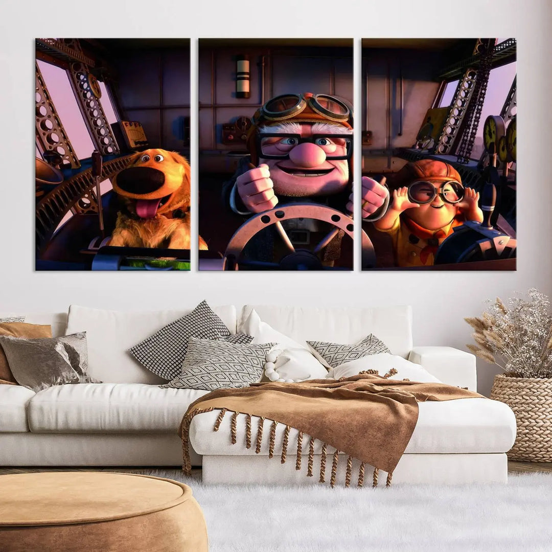 This three-panel wall art, titled "Carl Russel and Dog," features the beloved characters from the movie "Up" in a whimsical airplane cockpit scene, adding a playful touch to any room.