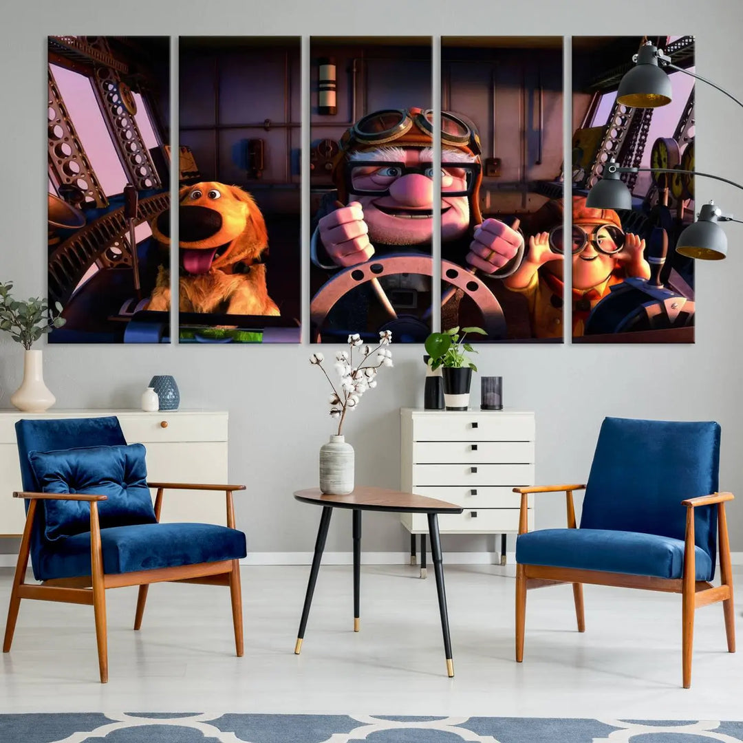 This three-panel wall art, titled "Carl Russel and Dog," features the beloved characters from the movie "Up" in a whimsical airplane cockpit scene, adding a playful touch to any room.