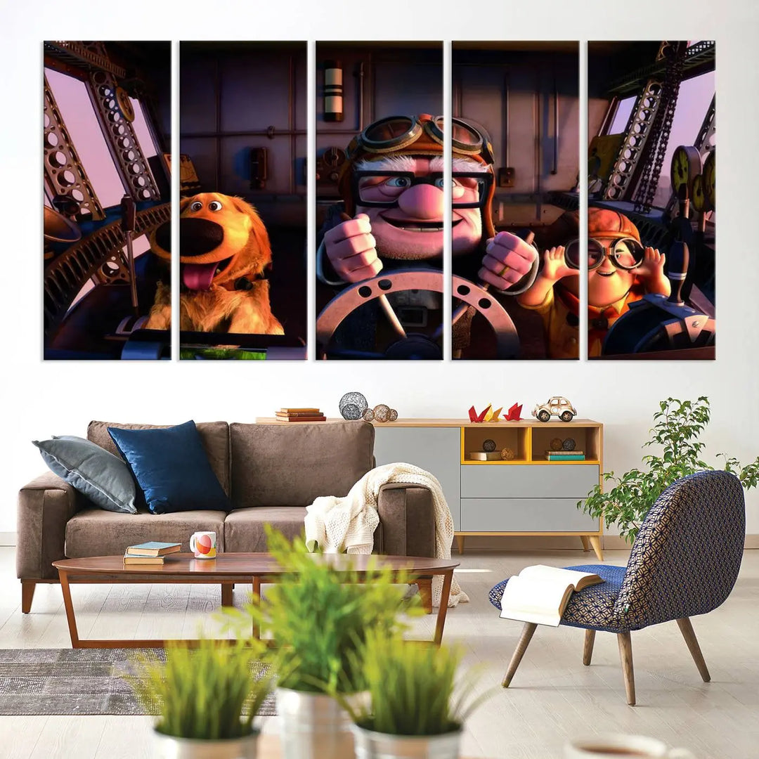 This three-panel wall art, titled "Carl Russel and Dog," features the beloved characters from the movie "Up" in a whimsical airplane cockpit scene, adding a playful touch to any room.