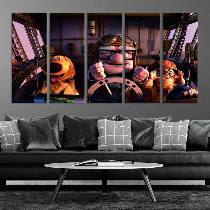 This three-panel wall art, titled "Carl Russel and Dog," features the beloved characters from the movie "Up" in a whimsical airplane cockpit scene, adding a playful touch to any room.