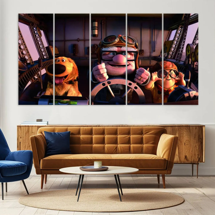 This three-panel wall art, titled "Carl Russel and Dog," features the beloved characters from the movie "Up" in a whimsical airplane cockpit scene, adding a playful touch to any room.