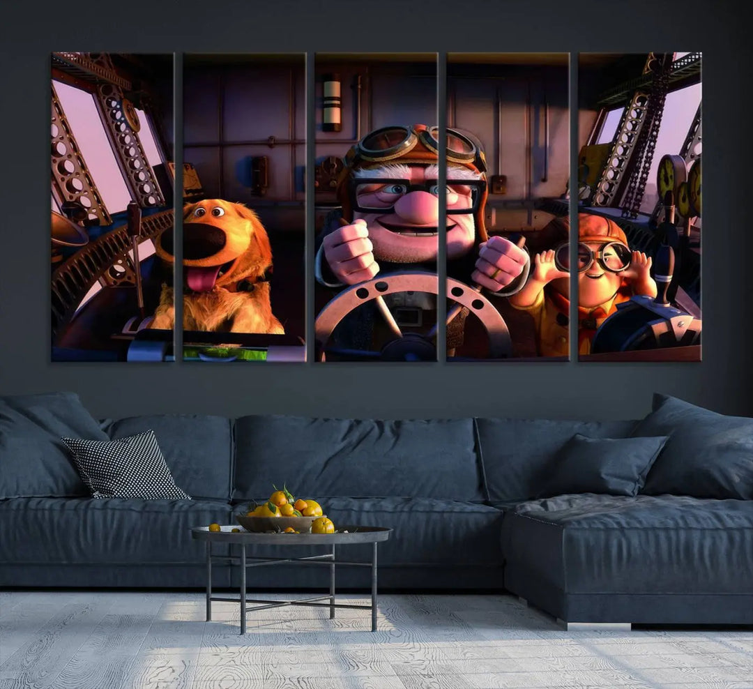 This three-panel wall art, titled "Carl Russel and Dog," features the beloved characters from the movie "Up" in a whimsical airplane cockpit scene, adding a playful touch to any room.