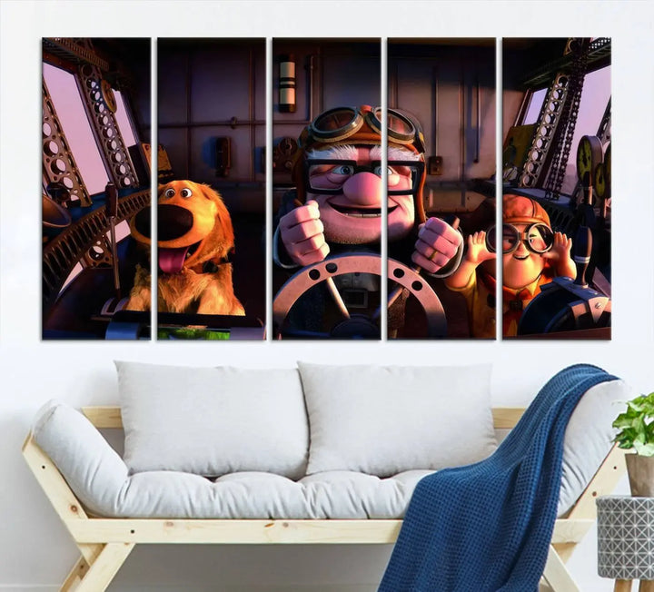 This three-panel wall art, titled "Carl Russel and Dog," features the beloved characters from the movie "Up" in a whimsical airplane cockpit scene, adding a playful touch to any room.