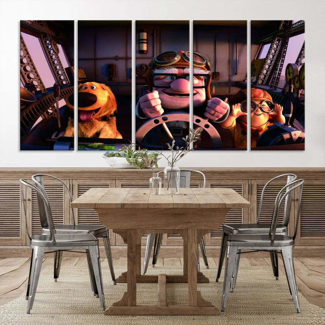 This three-panel wall art, titled "Carl Russel and Dog," features the beloved characters from the movie "Up" in a whimsical airplane cockpit scene, adding a playful touch to any room.