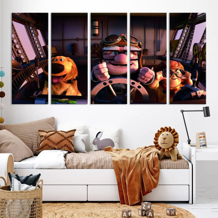 This three-panel wall art, titled "Carl Russel and Dog," features the beloved characters from the movie "Up" in a whimsical airplane cockpit scene, adding a playful touch to any room.