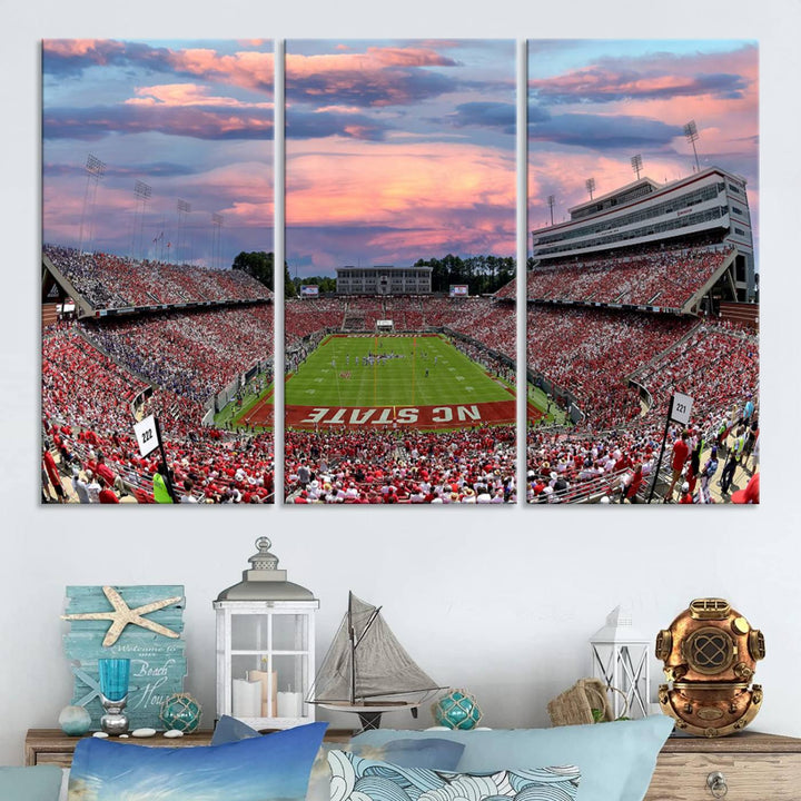 Carter-Finley Stadium Art Sunset Game Triple Canvas Wall Art - NC State Wolfpack Football Match