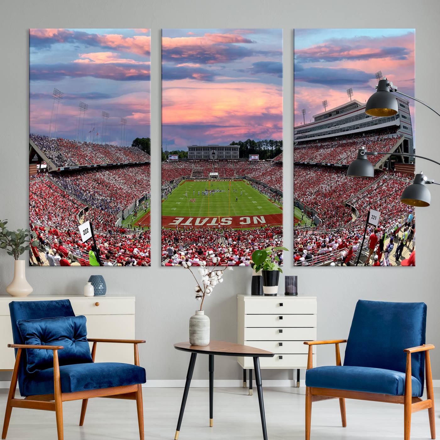 75072-MGV-CV-36X24-Carter-Finley Stadium Art Sunset Game Triple Canvas Wall Art - NC State Wolfpack Football Match
