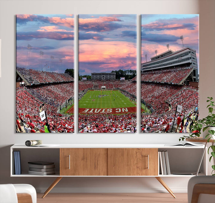 Carter-Finley Stadium Art Sunset Game Triple Canvas Wall Art - NC State Wolfpack Football Match