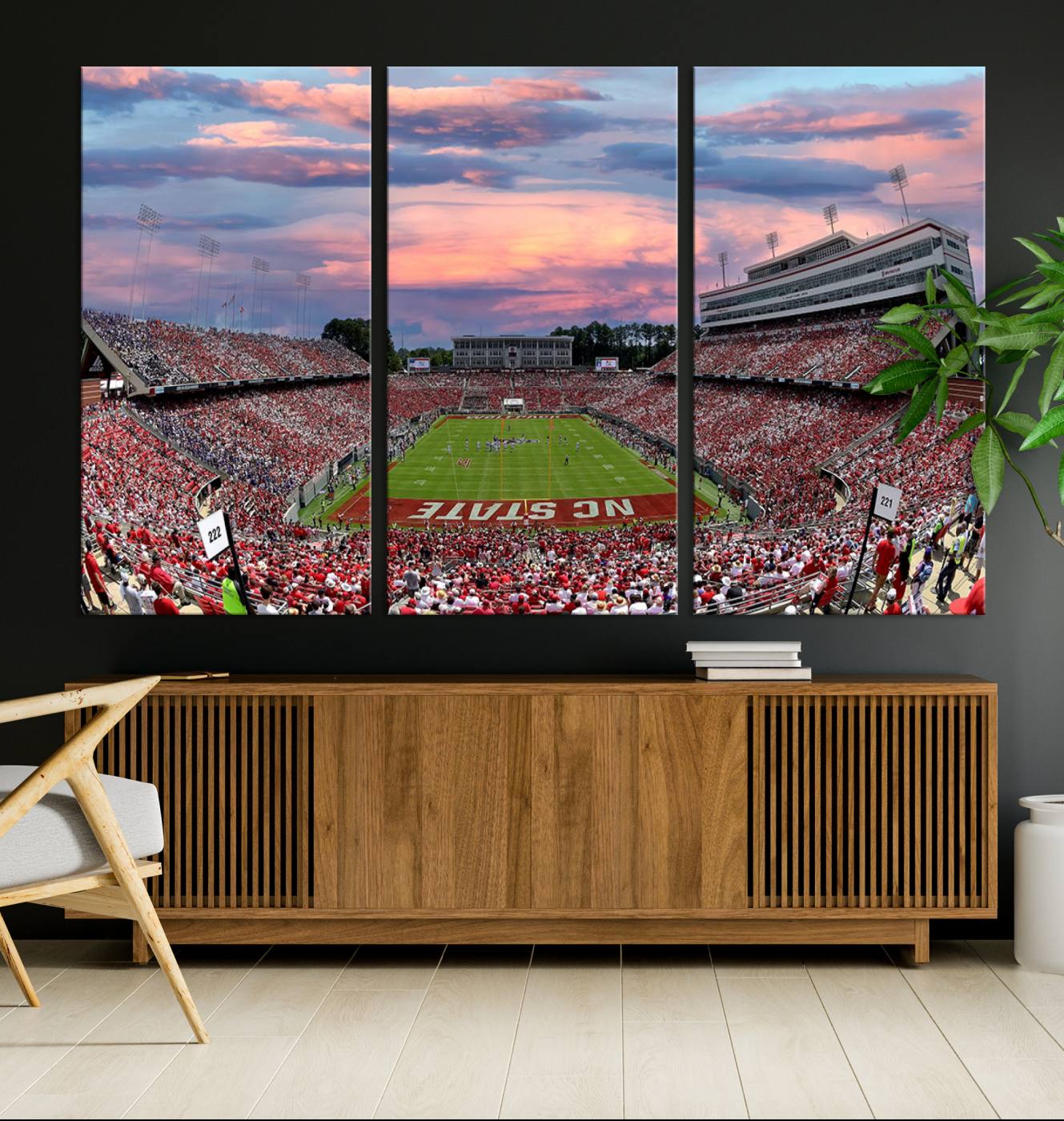 75072-MGV-CV-36X24-Carter-Finley Stadium Art Sunset Game Triple Canvas Wall Art - NC State Wolfpack Football Match