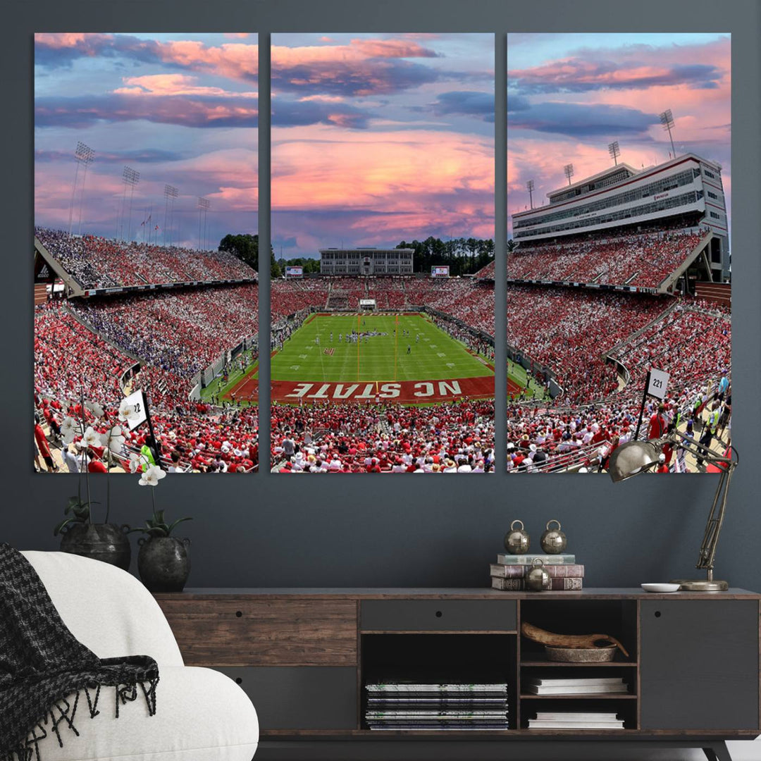 Carter-Finley Stadium Art Sunset Game Triple Canvas Wall Art - NC State Wolfpack Football Match