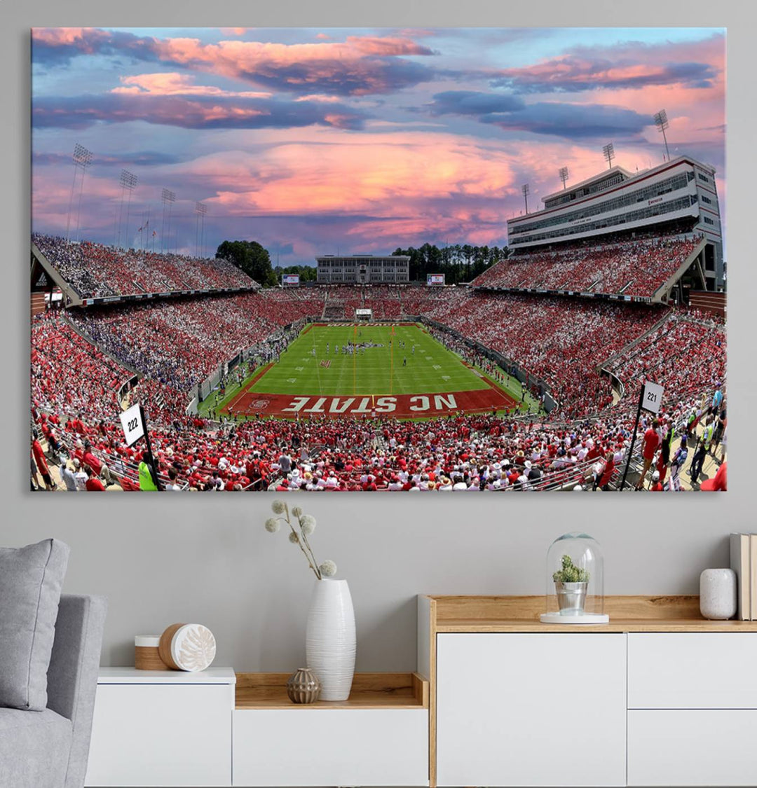 Carter-Finley Stadium Art Sunset Game Triple Canvas Wall Art - NC State Wolfpack Football Match