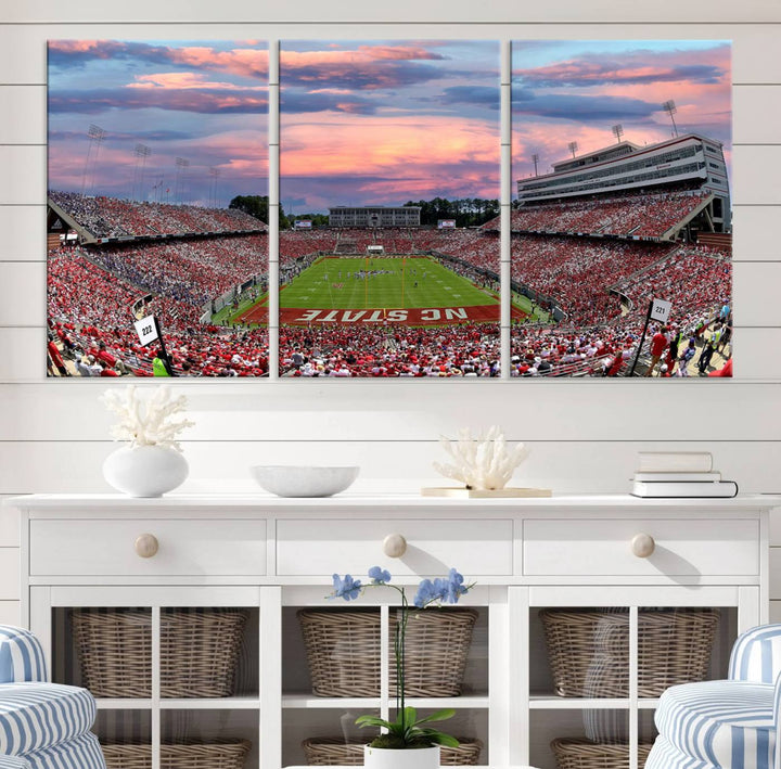 Carter-Finley Stadium Art Sunset Game Triple Canvas Wall Art - NC State Wolfpack Football Match