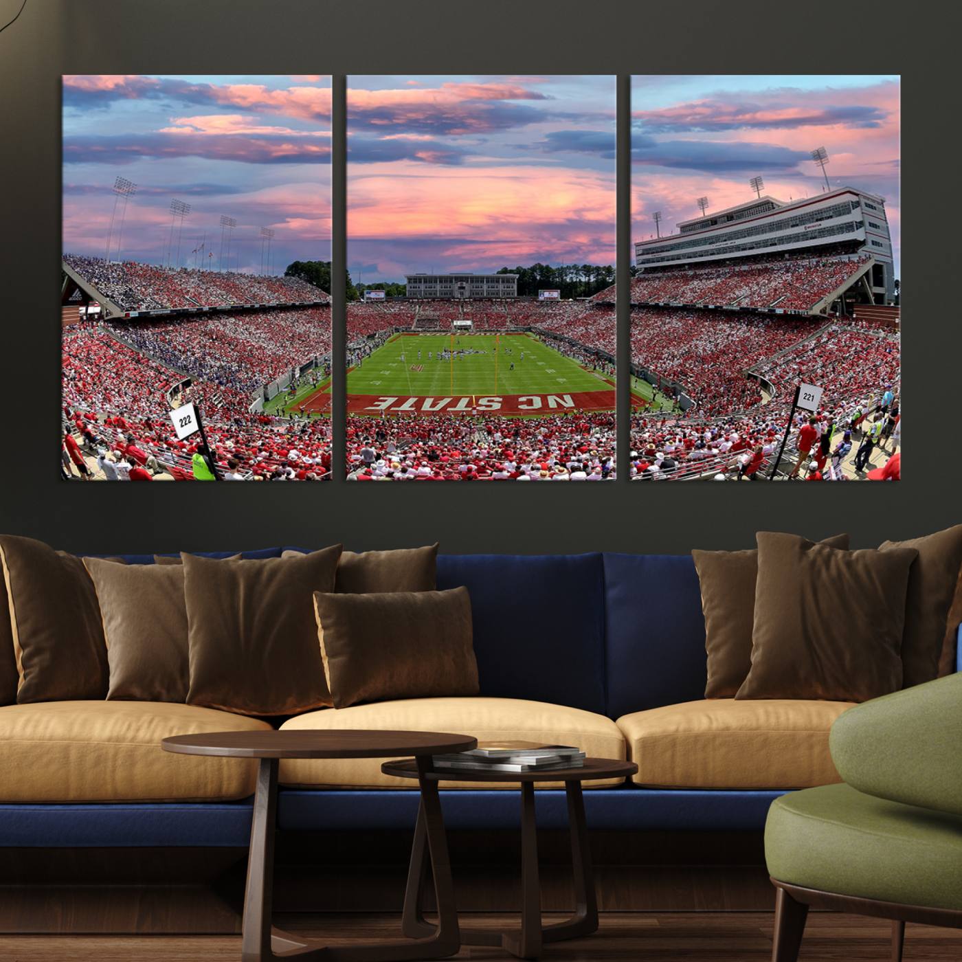 75072-MGV-CV-36X24-Carter-Finley Stadium Art Sunset Game Triple Canvas Wall Art - NC State Wolfpack Football Match