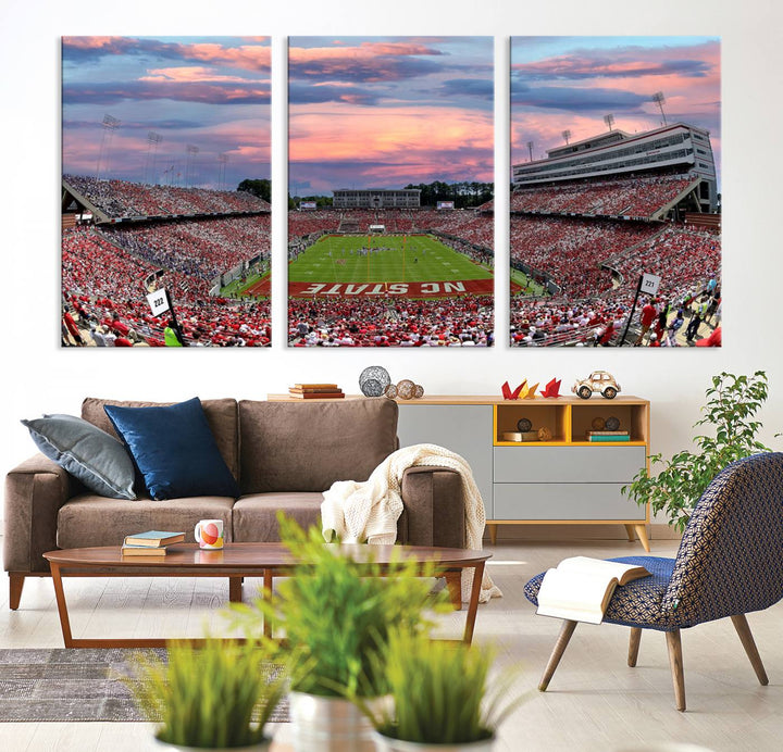 75072-MGV-CV-36X24-Carter-Finley Stadium Art Sunset Game Triple Canvas Wall Art - NC State Wolfpack Football Match
