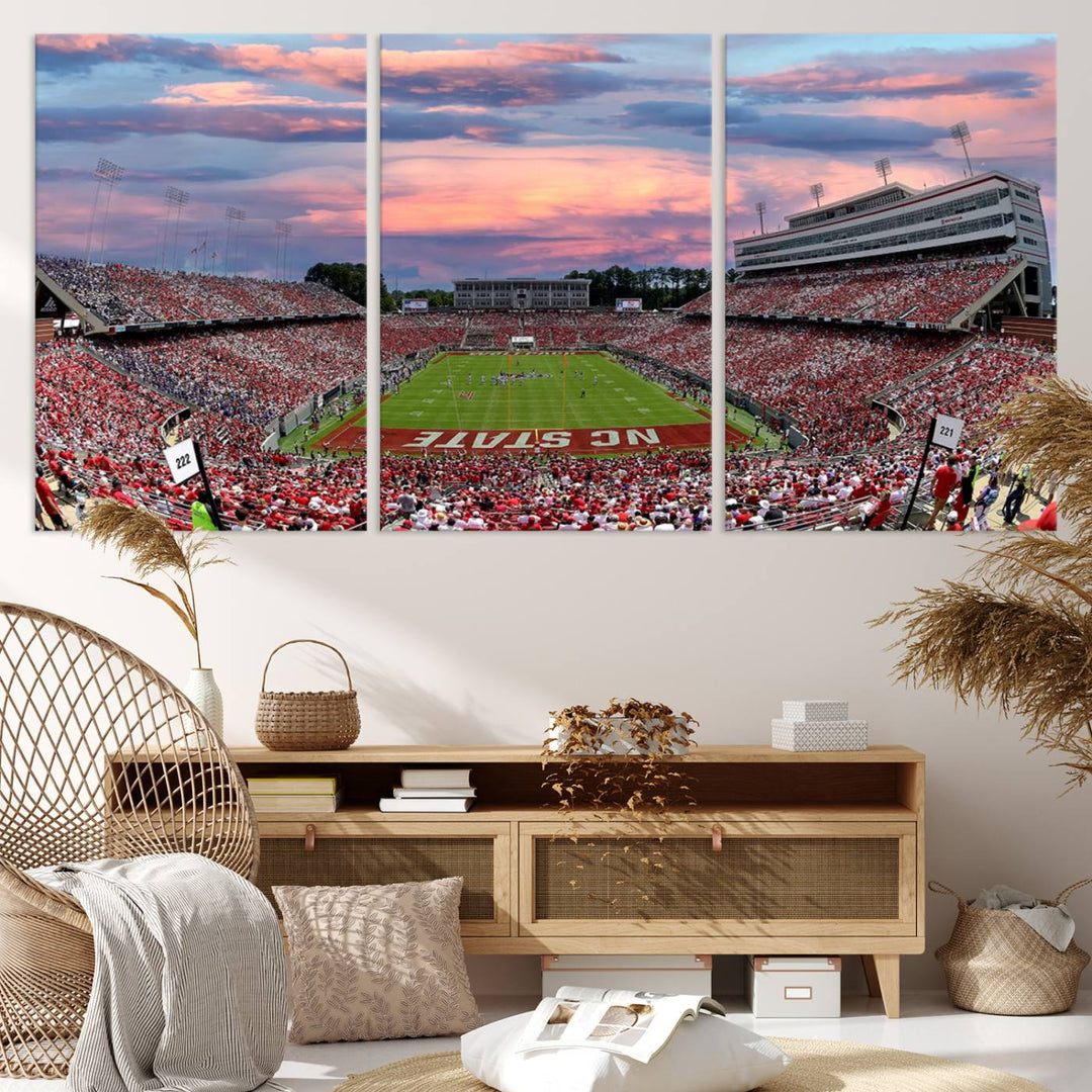 75072-MGV-CV-36X24-Carter-Finley Stadium Art Sunset Game Triple Canvas Wall Art - NC State Wolfpack Football Match