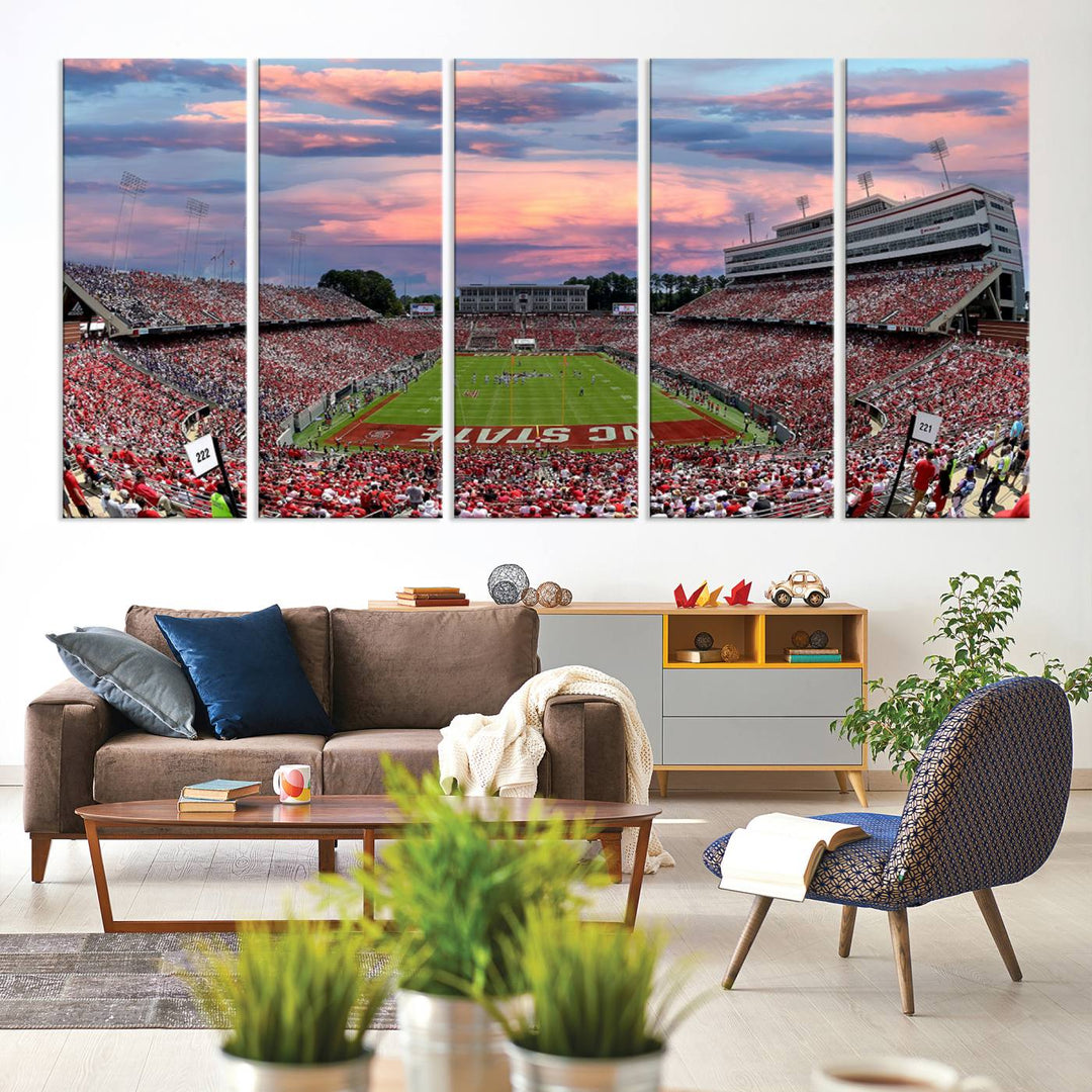 75072-MGV-CV-36X24-Carter-Finley Stadium Art Sunset Game Triple Canvas Wall Art - NC State Wolfpack Football Match