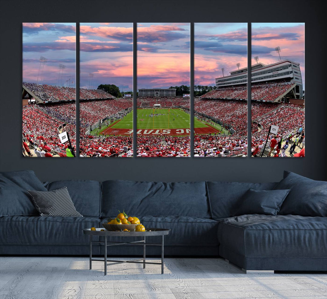 75072-MGV-CV-36X24-Carter-Finley Stadium Art Sunset Game Triple Canvas Wall Art - NC State Wolfpack Football Match