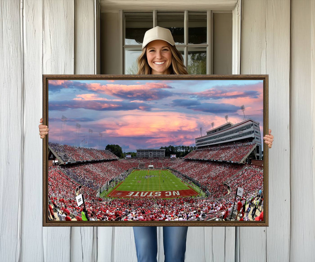 75072-MGV-CV-36X24-Carter-Finley Stadium Art Sunset Game Triple Canvas Wall Art - NC State Wolfpack Football Match