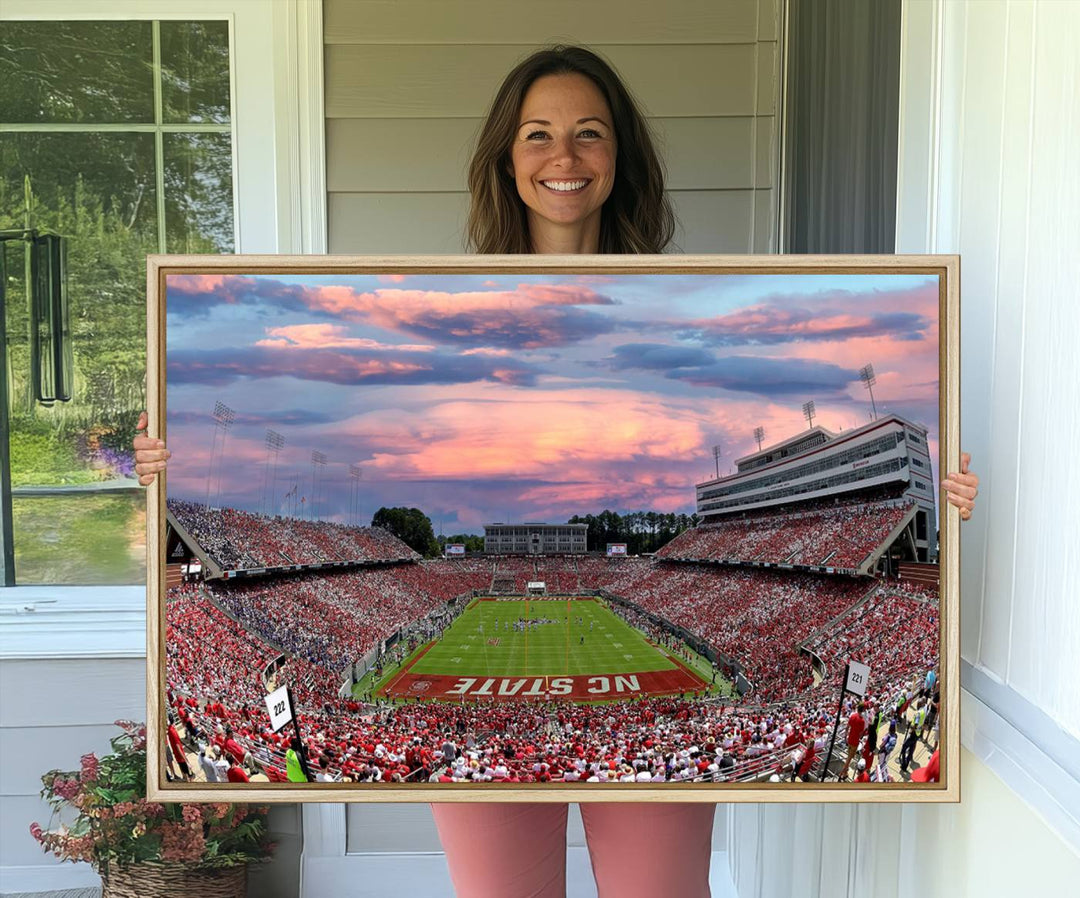 75072-MGV-CV-36X24-Carter-Finley Stadium Art Sunset Game Triple Canvas Wall Art - NC State Wolfpack Football Match