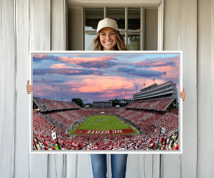 75072-MGV-CV-36X24-Carter-Finley Stadium Art Sunset Game Triple Canvas Wall Art - NC State Wolfpack Football Match