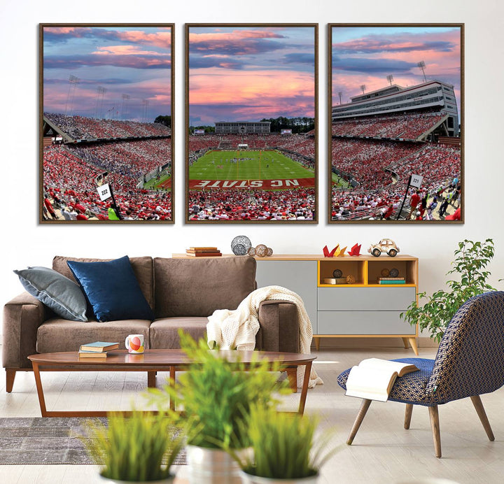 75072-MGV-CV-36X24-Carter-Finley Stadium Art Sunset Game Triple Canvas Wall Art - NC State Wolfpack Football Match