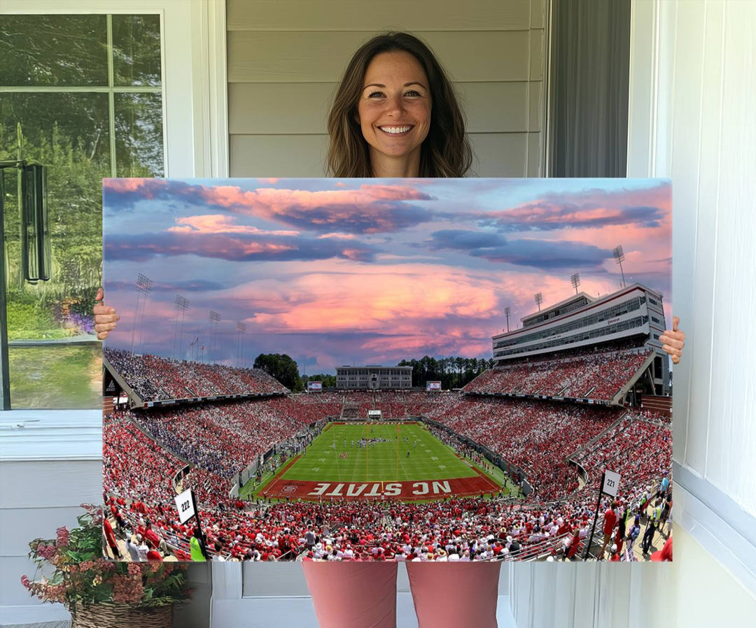 Carter-Finley Stadium Art Sunset Game Triple Canvas Wall Art - NC State Wolfpack Football Match