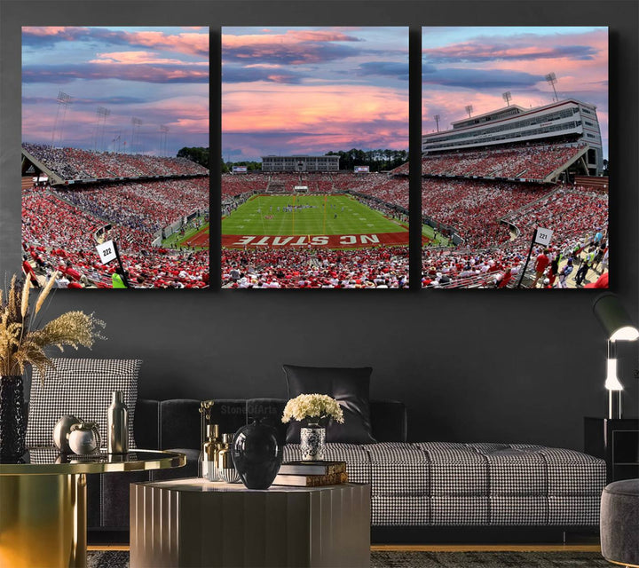 Carter-Finley Stadium Art Sunset Game Triple Canvas Wall Art - NC State Wolfpack Football Match