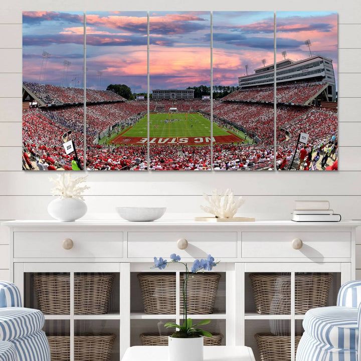 75072-MGV-CV-60X31-5P-Carter-Finley Stadium Art Sunset Game Triple Canvas Wall Art - NC State Wolfpack Football Match