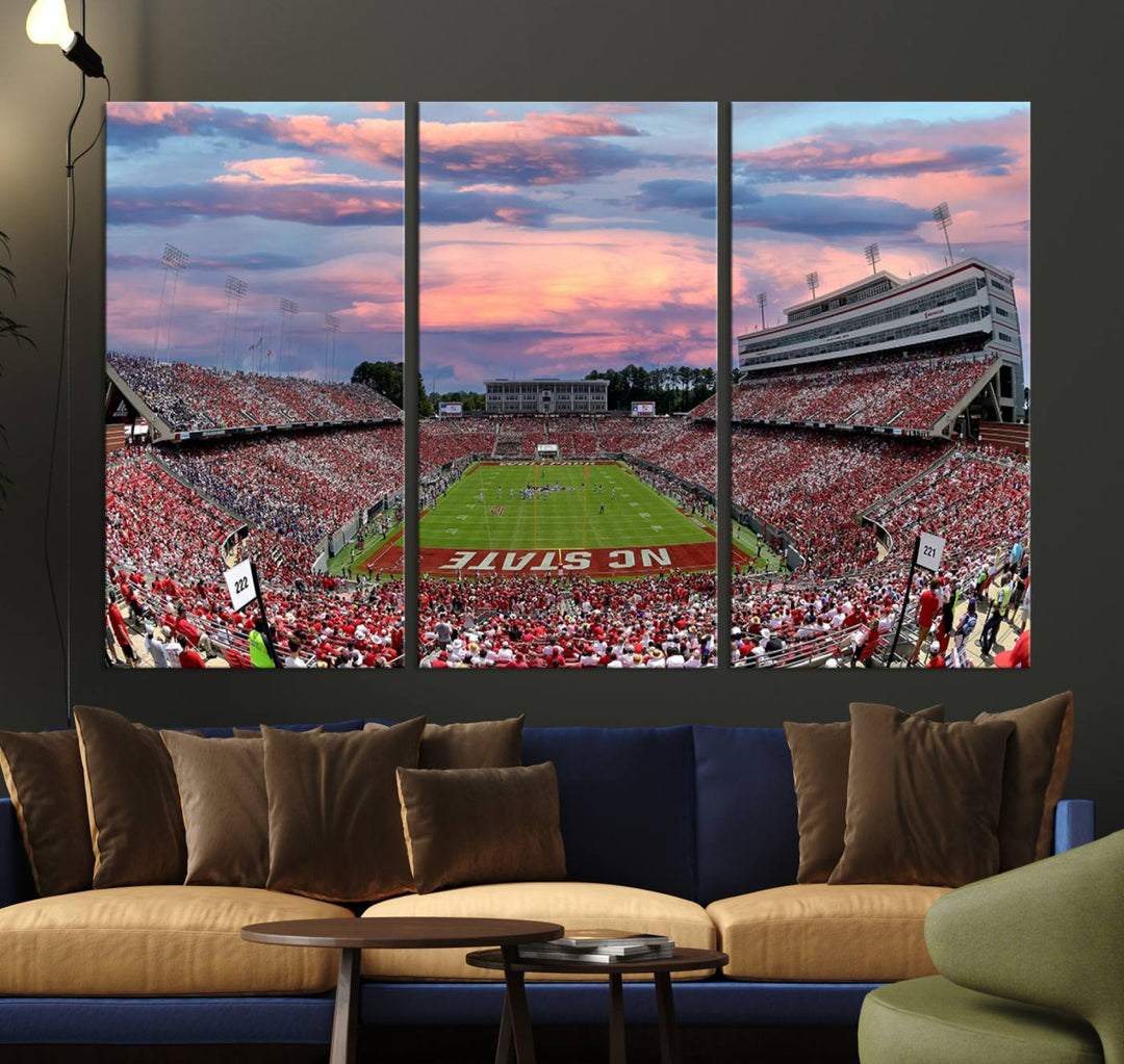 Carter-Finley Stadium Art Sunset Game Triple Canvas Wall Art - NC State Wolfpack Football Match
