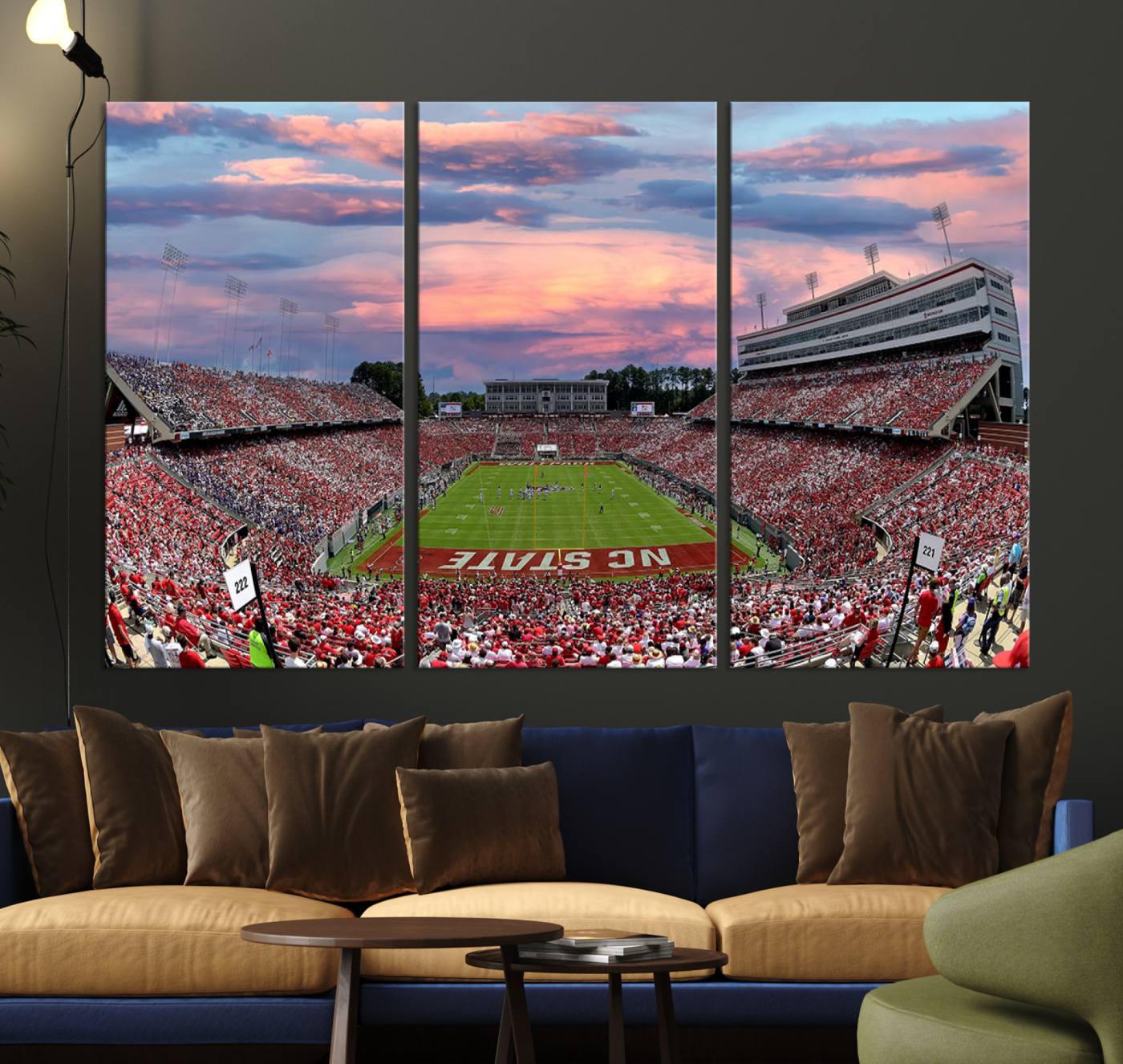 75072-MGV-CV-36X24-Carter-Finley Stadium Art Sunset Game Triple Canvas Wall Art - NC State Wolfpack Football Match