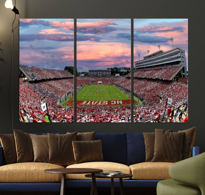 Carter-Finley Stadium Art Sunset Game Triple Canvas Wall Art - NC State Wolfpack Football Match