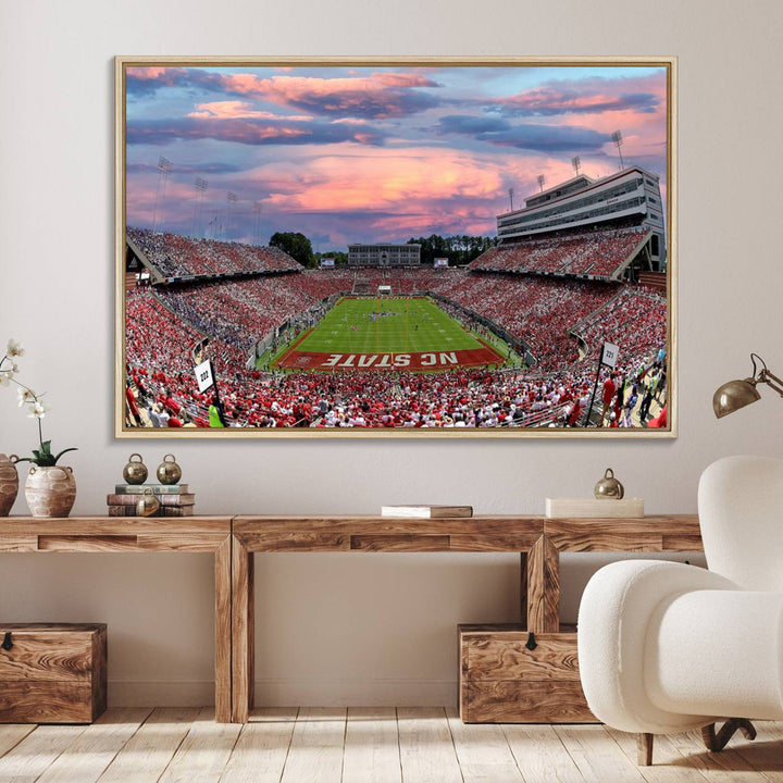 75072-MGV-FC-36X24_Natural-Carter-Finley Stadium Art Sunset Game Triple Canvas Wall Art - NC State Wolfpack Football Match