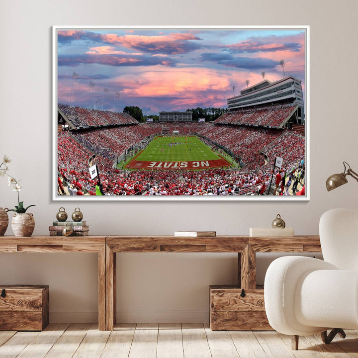 75072-MGV-FC-36X24_White-Carter-Finley Stadium Art Sunset Game Triple Canvas Wall Art - NC State Wolfpack Football Match