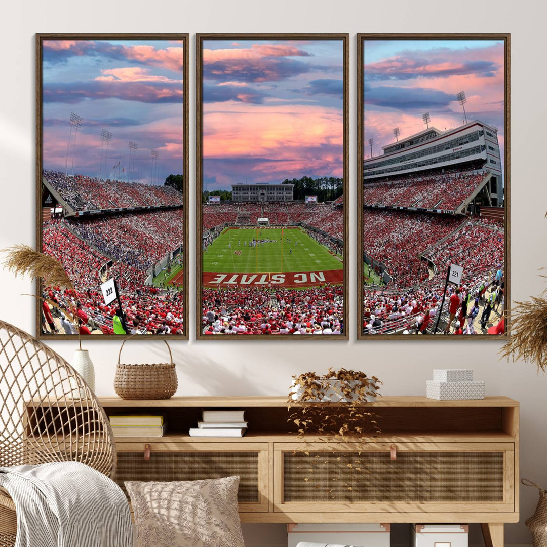 75072-MGV-FC-48X32-3P_Walnut-Carter-Finley Stadium Art Sunset Game Triple Canvas Wall Art - NC State Wolfpack Football Match