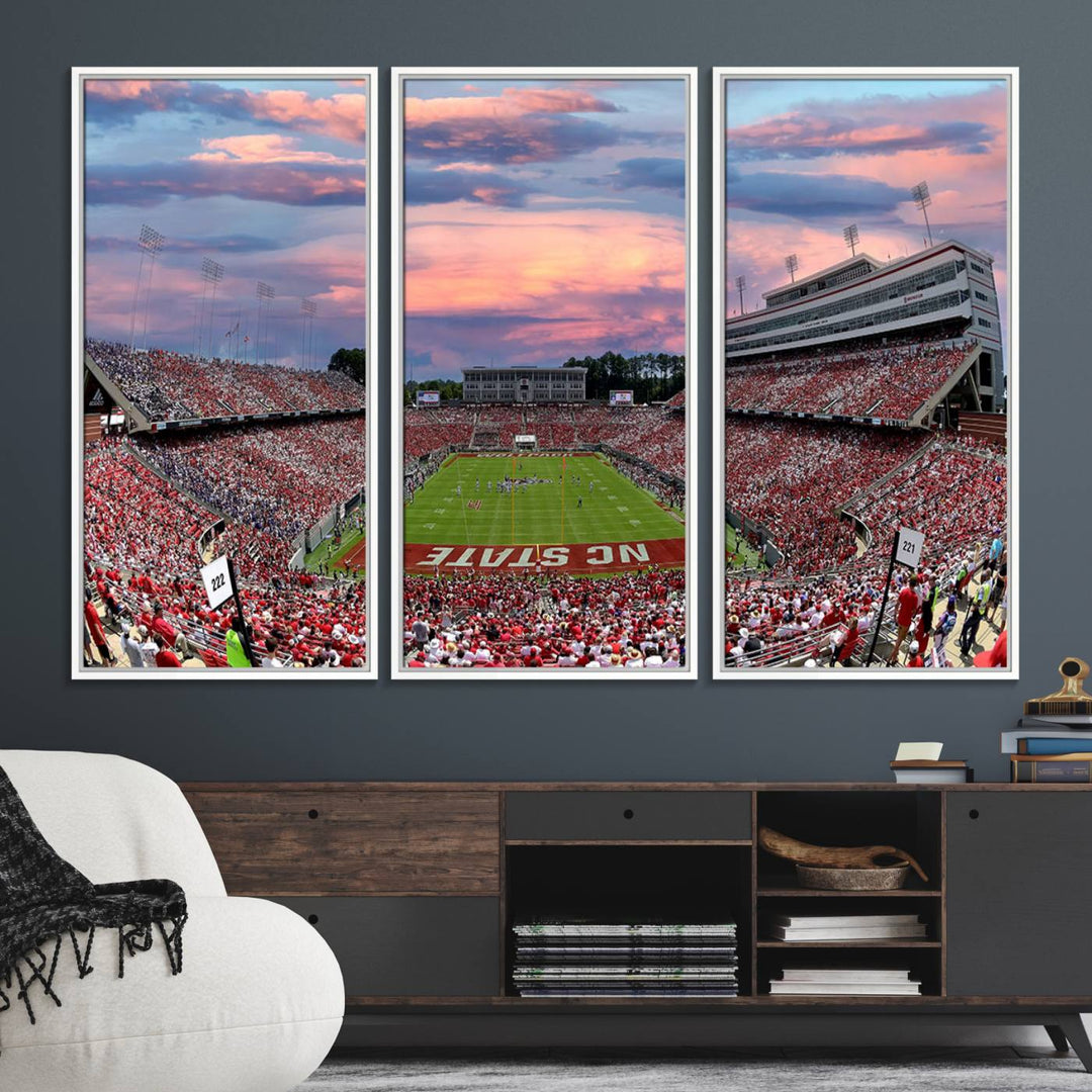 75072-MGV-FC-48X32-3P_White-Carter-Finley Stadium Art Sunset Game Triple Canvas Wall Art - NC State Wolfpack Football Match