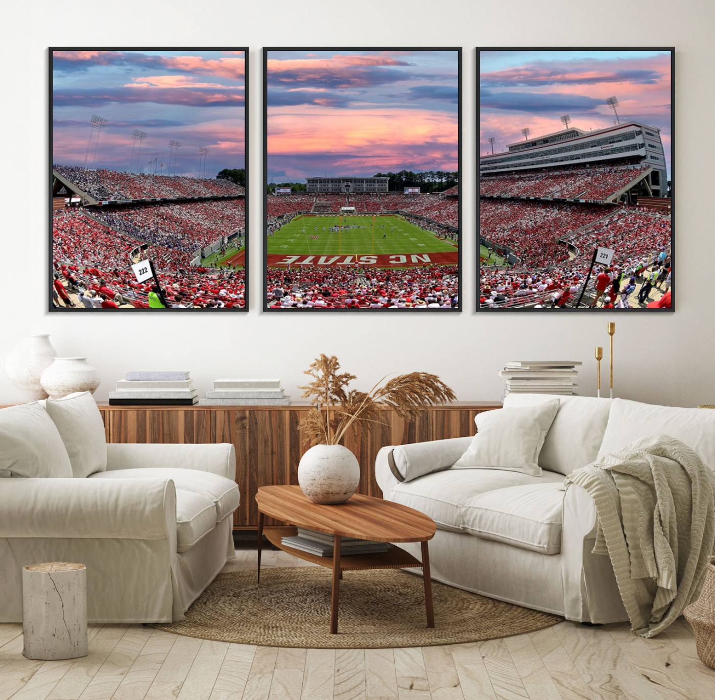 75072-MGV-FC-60X30-3P_Black-Carter-Finley Stadium Art Sunset Game Triple Canvas Wall Art - NC State Wolfpack Football Match