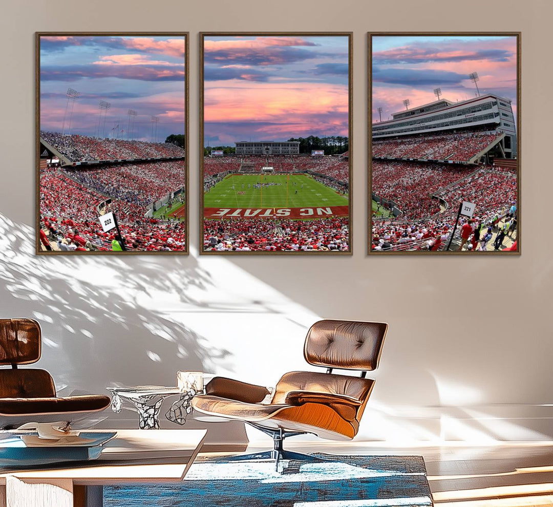 75072-MGV-FC-60X30-3P_Walnut-Carter-Finley Stadium Art Sunset Game Triple Canvas Wall Art - NC State Wolfpack Football Match