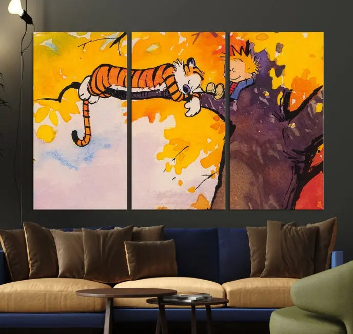 The Cartoon Wall Art Calvin and Hobbes Canvas Print features a boy and a tiger lounging on a tree branch amidst vibrant autumn leaves. Crafted on museum-quality canvases with UV-protective coating, this artwork elevates any room.