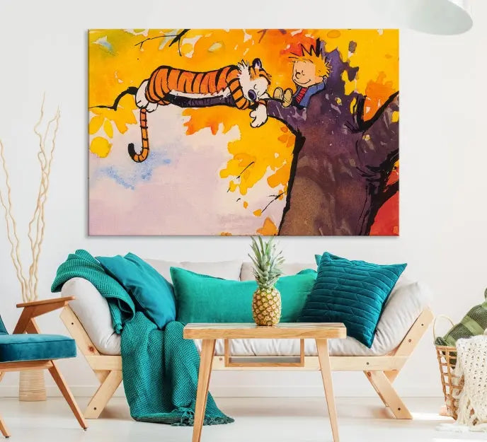 The Cartoon Wall Art Calvin and Hobbes Canvas Print features a boy and a tiger lounging on a tree branch amidst vibrant autumn leaves. Crafted on museum-quality canvases with UV-protective coating, this artwork elevates any room.