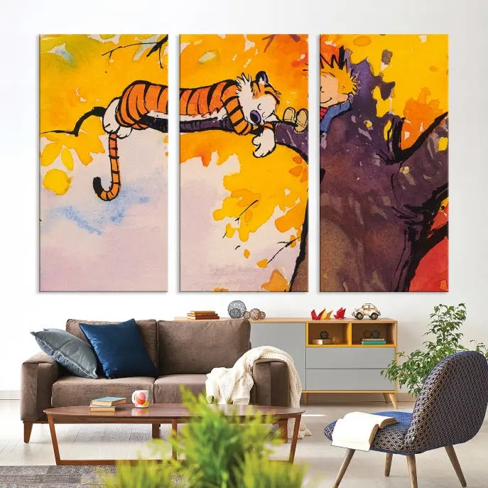 The Cartoon Wall Art Calvin and Hobbes Canvas Print features a boy and a tiger lounging on a tree branch amidst vibrant autumn leaves. Crafted on museum-quality canvases with UV-protective coating, this artwork elevates any room.