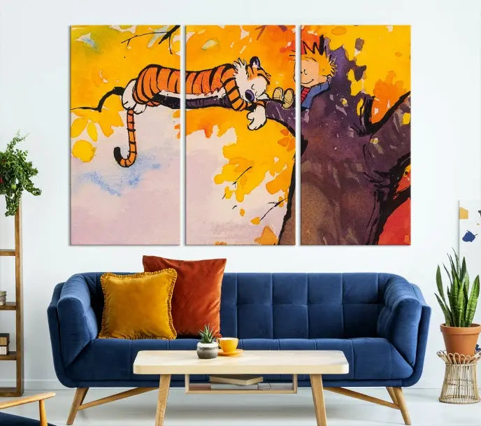 The Cartoon Wall Art Calvin and Hobbes Canvas Print features a boy and a tiger lounging on a tree branch amidst vibrant autumn leaves. Crafted on museum-quality canvases with UV-protective coating, this artwork elevates any room.