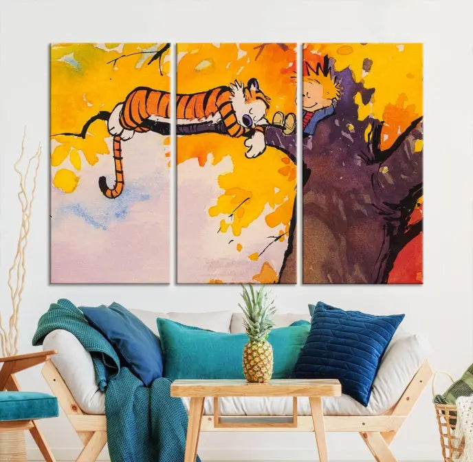 The Cartoon Wall Art Calvin and Hobbes Canvas Print features a boy and a tiger lounging on a tree branch amidst vibrant autumn leaves. Crafted on museum-quality canvases with UV-protective coating, this artwork elevates any room.