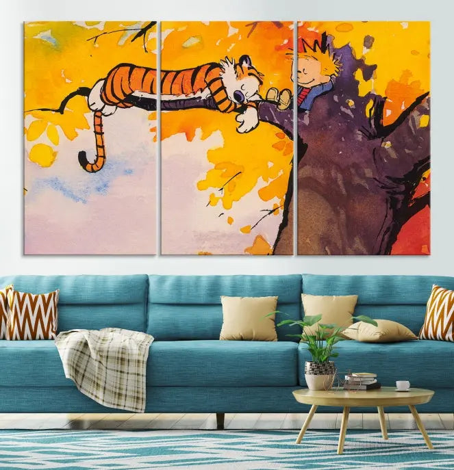 The Cartoon Wall Art Calvin and Hobbes Canvas Print features a boy and a tiger lounging on a tree branch amidst vibrant autumn leaves. Crafted on museum-quality canvases with UV-protective coating, this artwork elevates any room.